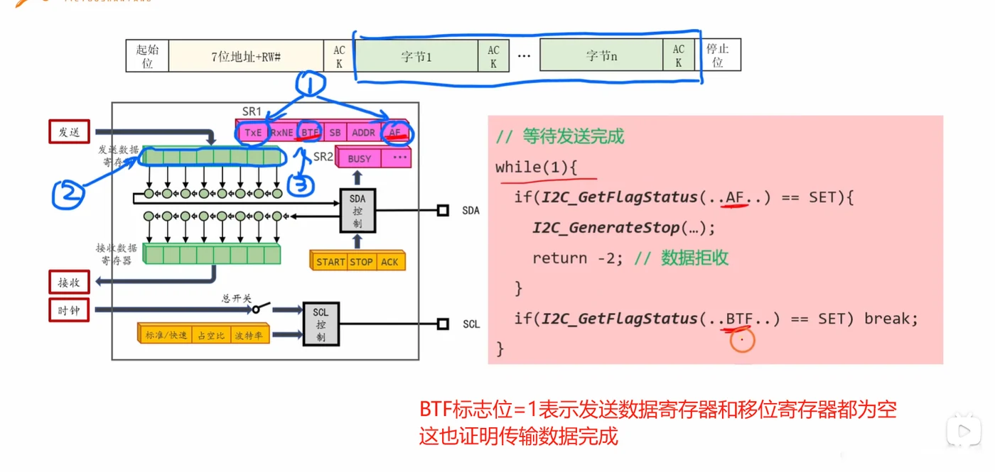 最后等 BTF：BTF=1 说明发送数据寄存器和移位寄存器都空了，即整帧数据真正发完，此时才能发 STOP