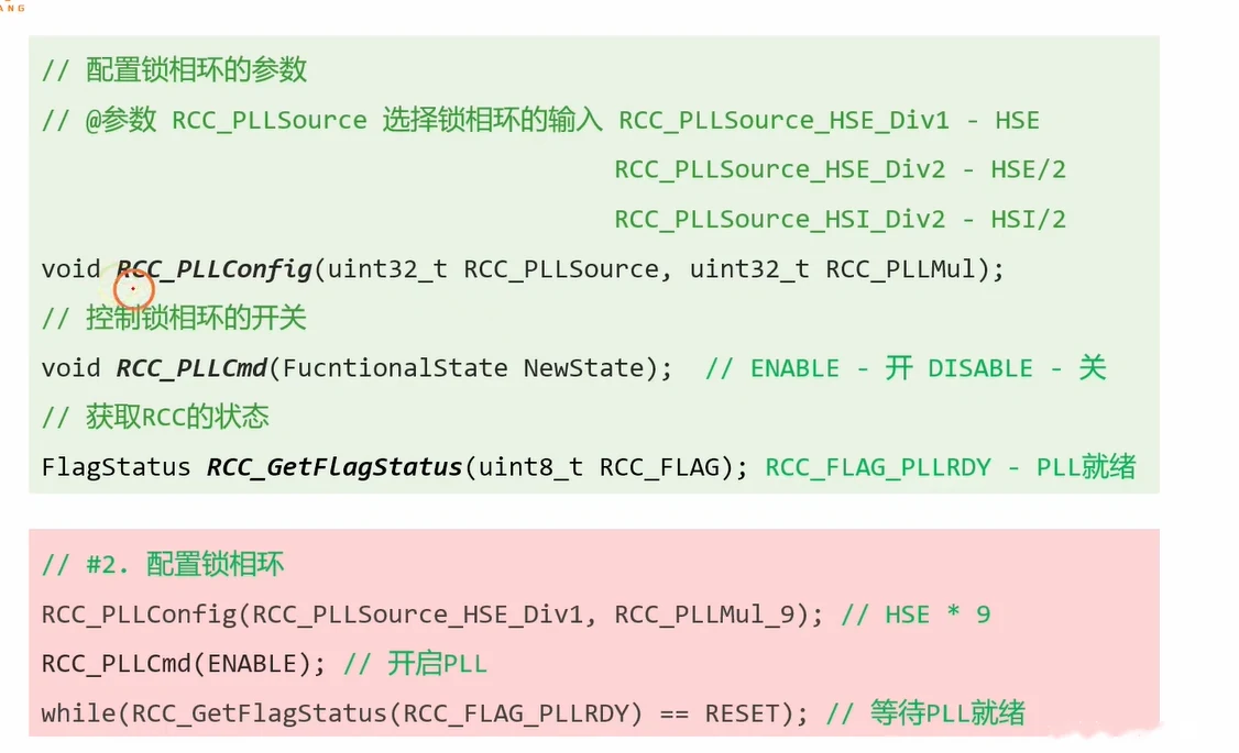 #2 配置锁相环：RCC_PLLSource 三种输入（HSE_Div1 / HSE_Div2 / HSI_Div2）与 RCC_PLLMul 倍频系数，RCC_PLLCmd(ENABLE) 开 PLL，RCC_FLAG_PLLRDY 表示 PLL 就绪；下方代码 RCC_PLLConfig(RCC_PLLSource_HSE_Div1, RCC_PLLMul_9) // HSE*9