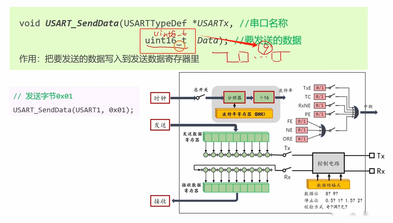 USART_SendData 接口：把数据写入发送数据寄存器，参数类型标注为 uint16_t；右侧手绘一个数据帧波形（起始位+数据+停止位）