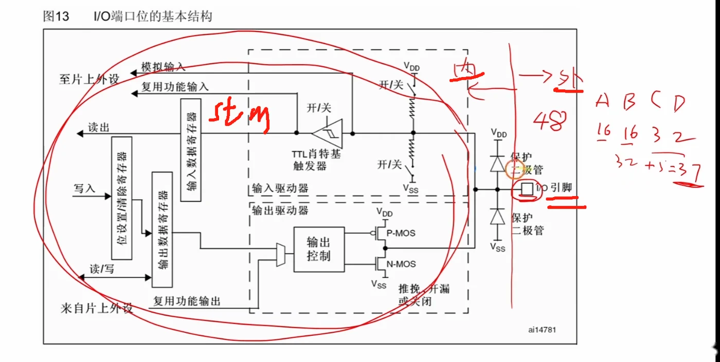 I/O 端口位的基本结构：寄存器、上下拉、推挽/开漏 MOS 对、保护二极管的完整通路