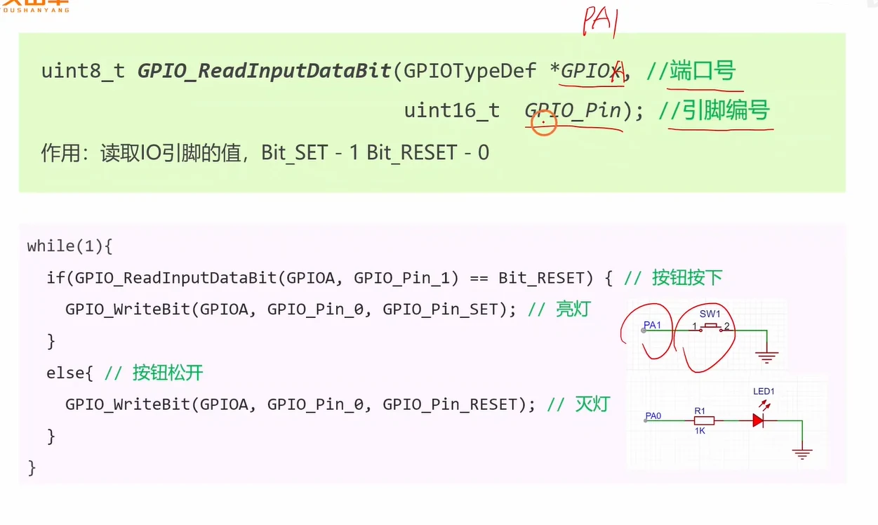 GPIO_ReadInputDataBit 的函数原型、参数含义与返回值，以及"读 PA1 判断按钮 → 写 PA0 控制灯"的完整主循环