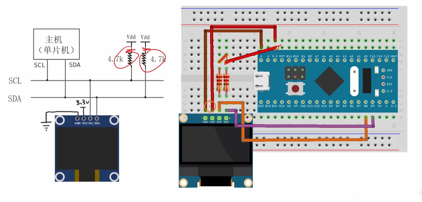I2C 硬件连接要点：SCL/SDA 两根线各需一只 4.7k 上拉电阻到 Vdd，主机与从机共用同一对总线