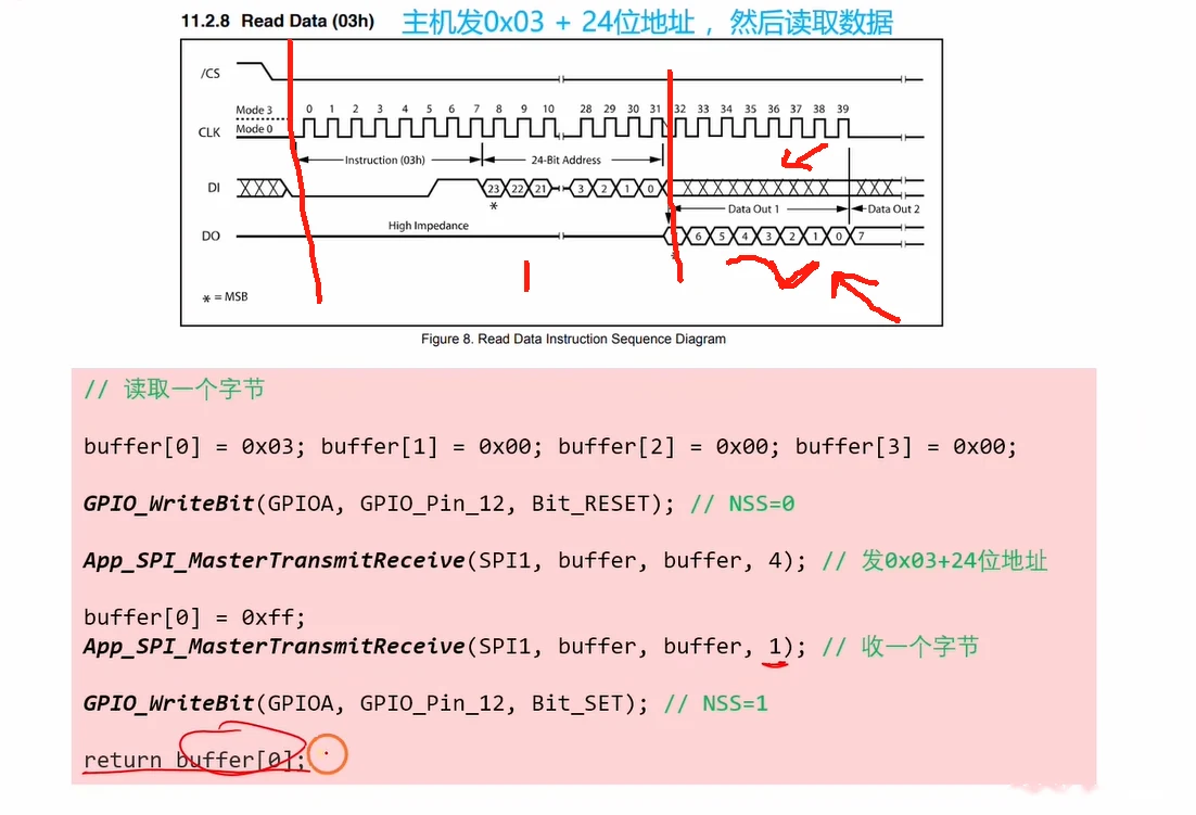 读取数据步骤：手册 03h 时序图（指令+24 位地址后 DO 开始移出 Data Out 1/2…）+ 完整读字节代码